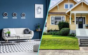 Modern home interior and exterior painting design featuring a stylish living room and a freshly painted residential house exterior.