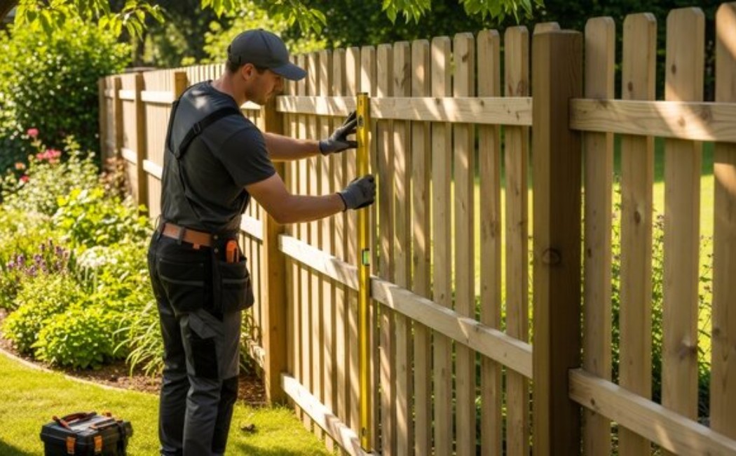 Technician Aligning Wooden Fence for Stable Repair. Fence Repair in progress as a technician uses a level to align and restore a wooden backyard fence for improved stability and appearance.