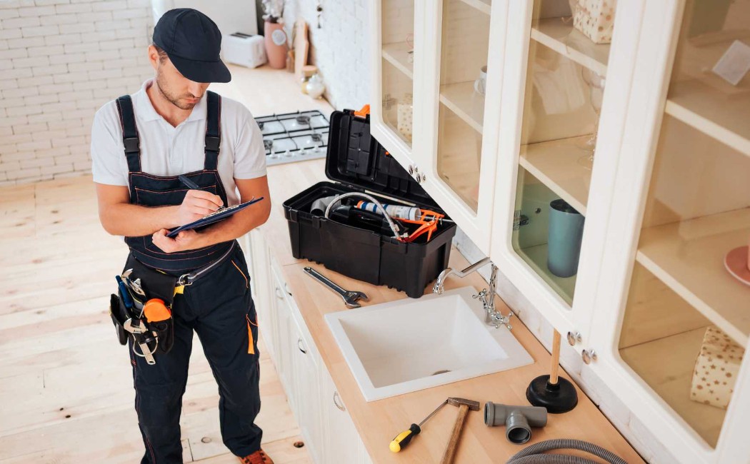 Handyman Inspecting Kitchen Repair and Plumbing. Handyman contractor inspecting a kitchen repair project with tools and plumbing equipment, documenting maintenance work beside a sink.