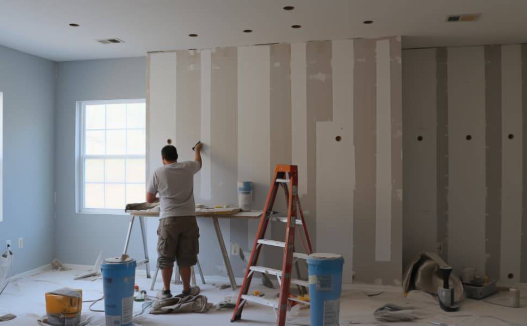 Drywall Installation and Wall Finishing. Drywall Installation and finishing in progress, creating smooth interior walls during a home remodeling project.