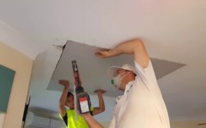 Drywall Installation professionals installing a ceiling drywall panel during a residential interior renovation project.