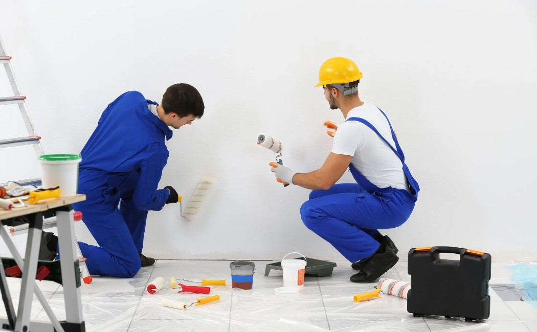 Interior Painting specialists applying fresh paint to interior walls with rollers and professional tools for a smooth, flawless finish.