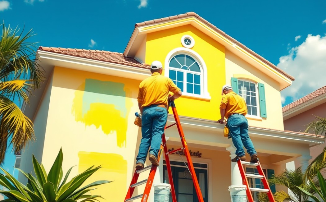 Exterior Painting for Two-Story Home Exterior. Expert exterior painting service with painters on ladders applying fresh yellow paint to a two-story home's exterior for a vibrant finish.